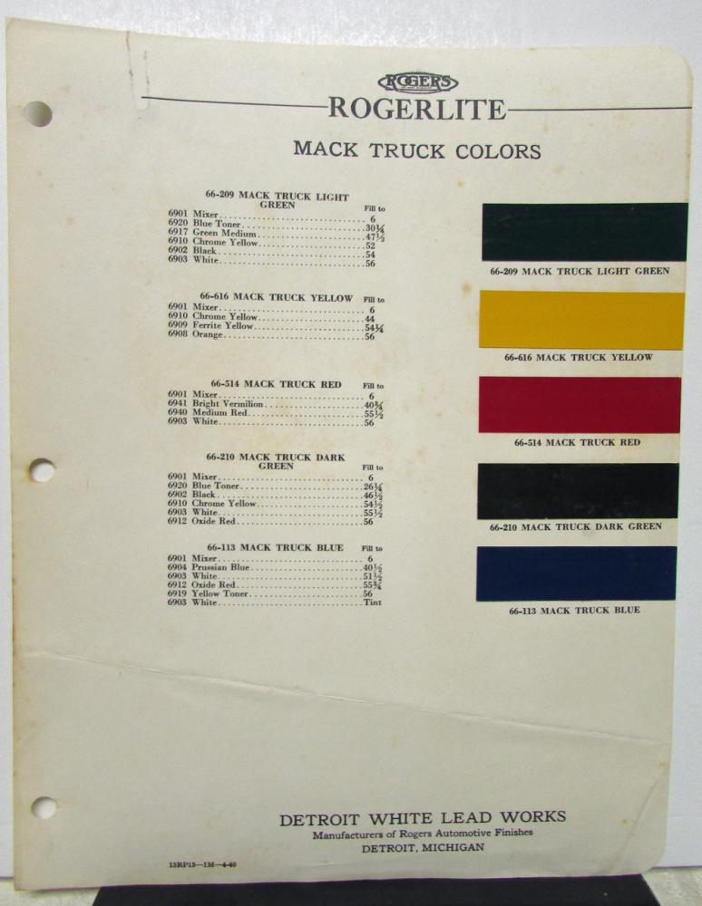 1940 Mack Truck Paint Color Chips