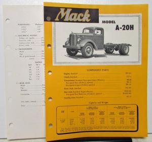 1951 Mack Truck Model A 20H Specification Sheets
