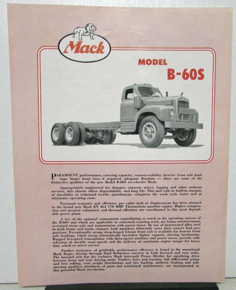 1953 Mack Truck Model B 60S Specification Sheet