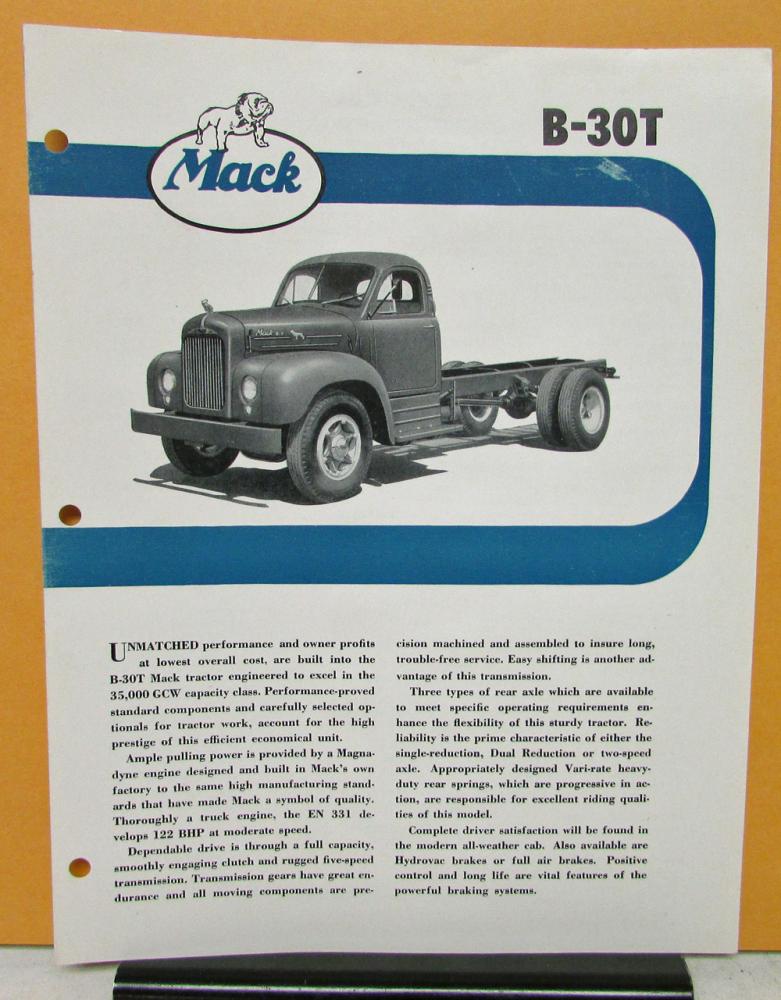 1956 Mack Truck Model B 30T Specification Sheet