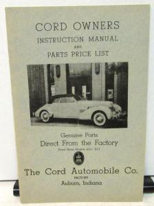 1936 1937 Cord Owners Instruction Manual & Parts Price List Model 810 812 New