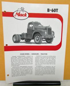 1958 Mack Truck Model B 60T Specification Sheet