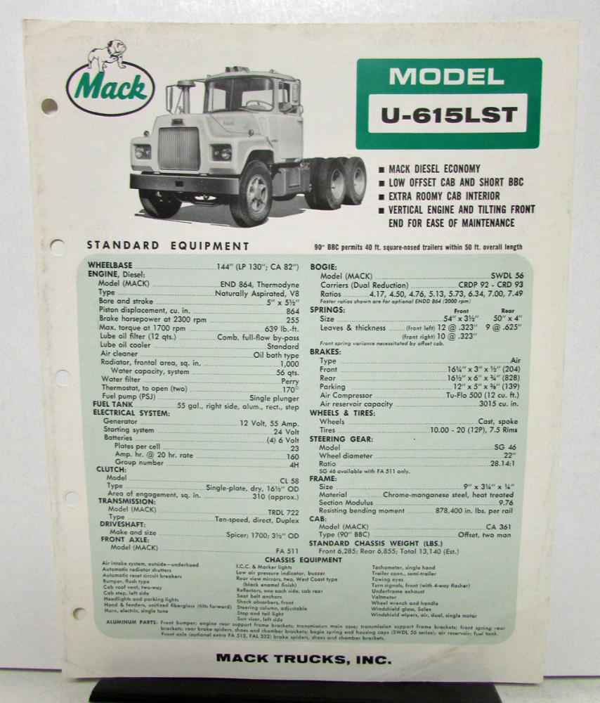 1965 Mack Truck Model U 615LST Specification Sheet