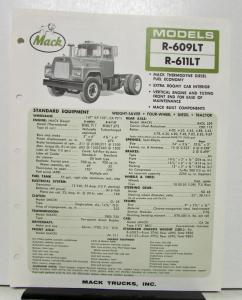 1965 Mack Truck Model R 609LT & R-611LT Specification Sheet