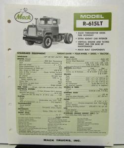 1965 Mack Truck Model R 615LT Specification Sheet