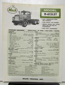 1965 Mack Truck Model R 615LST Specification Sheet
