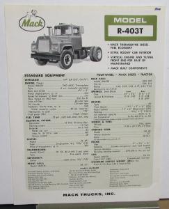 1965 Mack Truck Model R 403T Specification Sheet