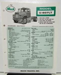 1965 Mack Truck Model U 607LT Specification Sheet