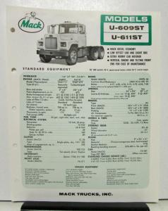 1965 Mack Truck Model U 609ST & U 611ST Specification Sheet
