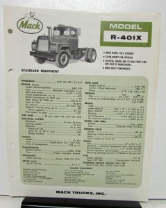 1965 Mack Truck Model R 401X Specification Sheet.