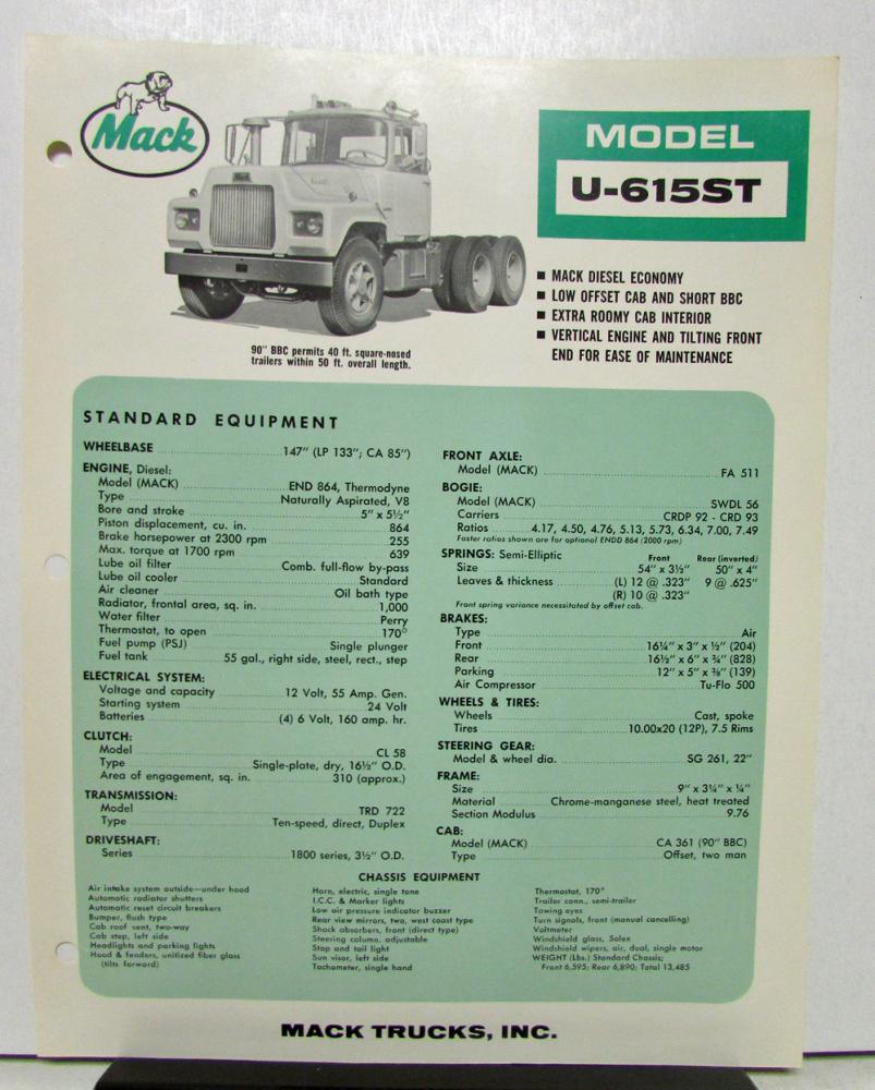 1965 Mack Truck Model U 615ST Specification Sheet.