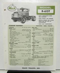 1965 Mack Truck Model R 615T Specification Sheet.