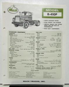 1965 Mack Truck Model R 410P Specification Sheet.