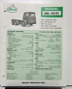 1965 Mack Truck Model MB 403S Specification Sheet.