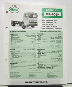 1965 Mack Truck Model MB 403P Specification Sheet.