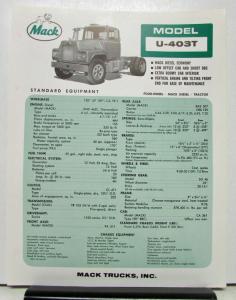 1965 Mack Truck Model U 403T Specification Sheet.