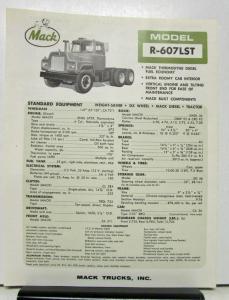 1965 Mack Truck Model R 607LST Specification Sheet.