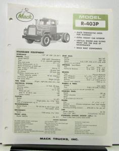 1965 Mack Truck Model R 403P Specification Sheet.
