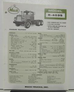 1965 Mack Truck Model R 403S Specification Sheet.