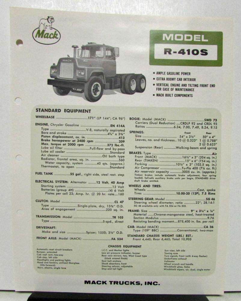 1965 Mack Truck Model U-615LT Specification Sheet 