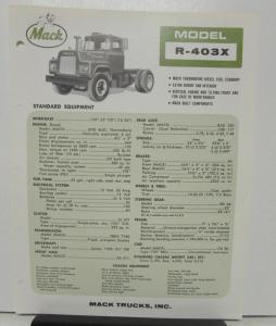 1965 Mack Truck Model R 403X Specification Sheet.