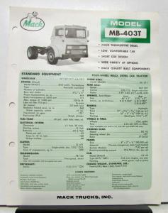 1965 Mack Truck Model MB 403T Specification Sheet.