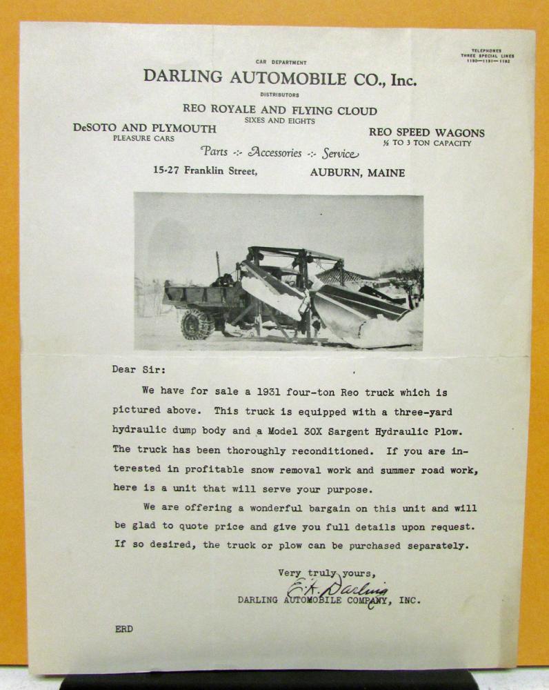 1931 REO Speed Wagon Sales Letter by Darling Automotive