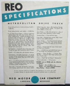 1936 REO Truck Model 2D4M Specification Sheet Metropolitan Drive Truck