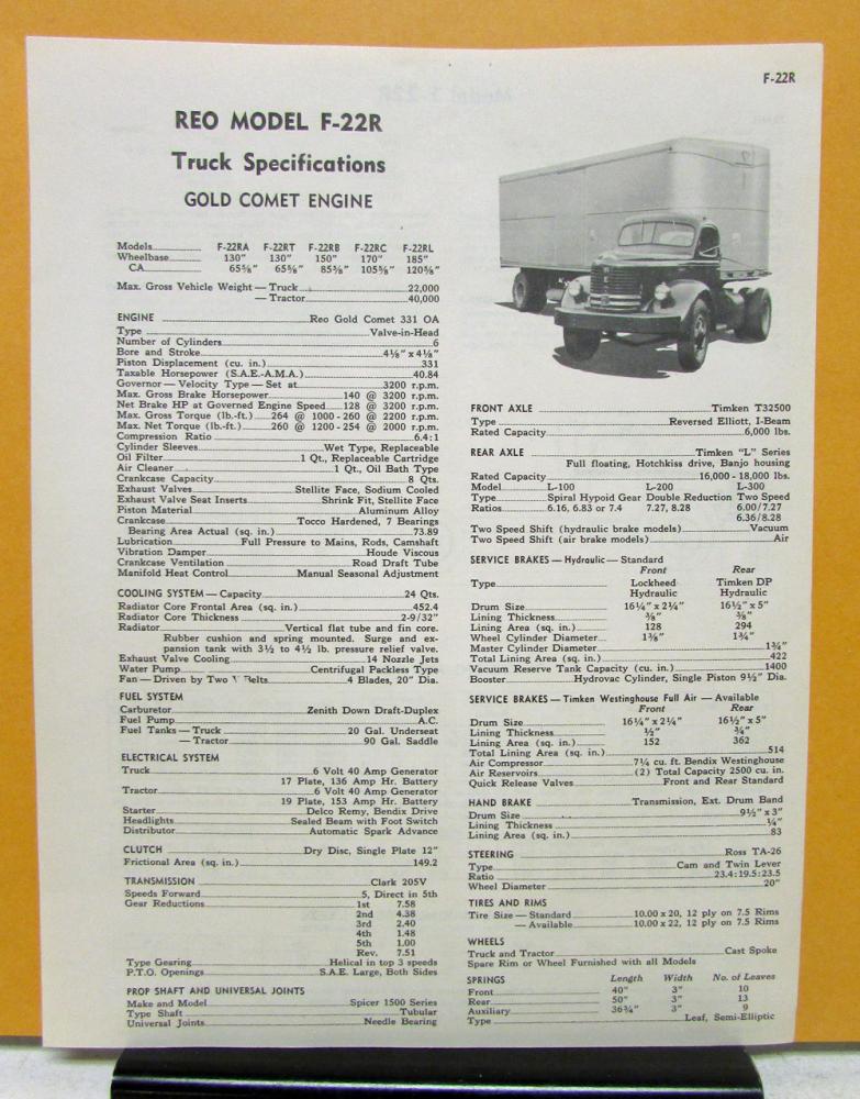 1951 REO Truck Model F 22R Specification Sheet