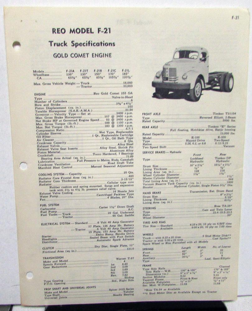 1951 REO Truck Model F 21 Specification Sheet