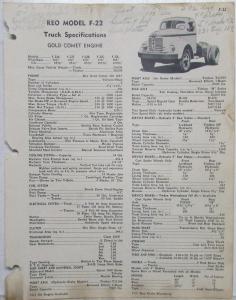 1952 REO Truck Model F-22 Specification Sheet