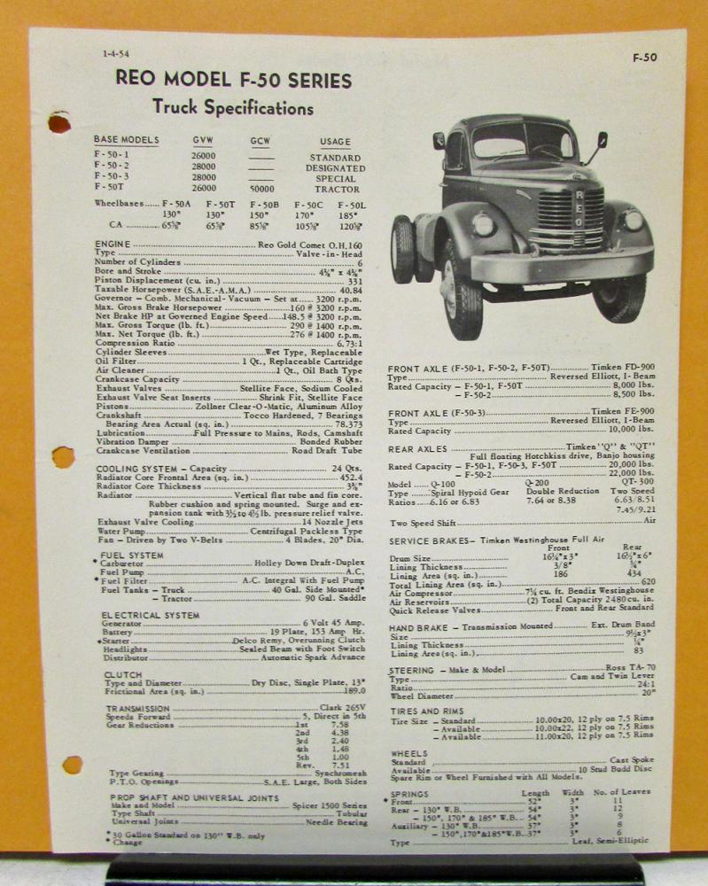1954 Reo Truck Model F 50 Specification Sheet