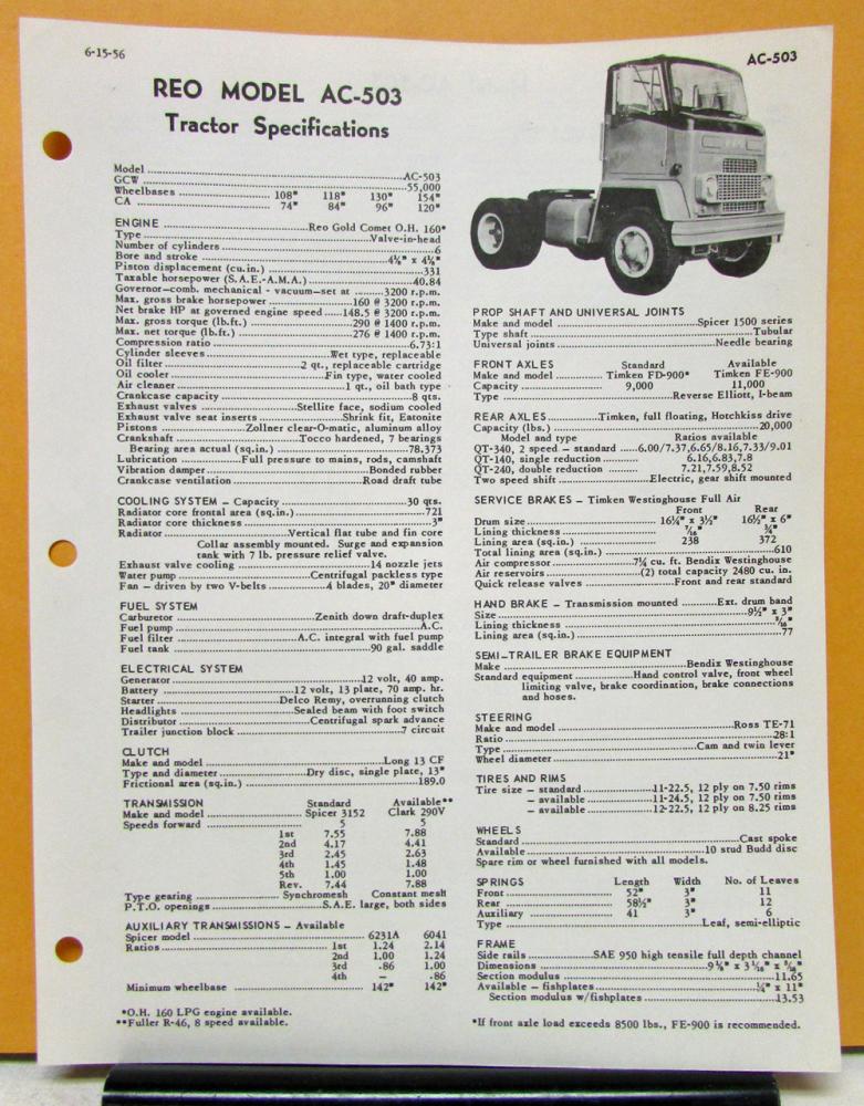 1956 REO Truck Model AC 503 Specification Sheet | AutoPaper