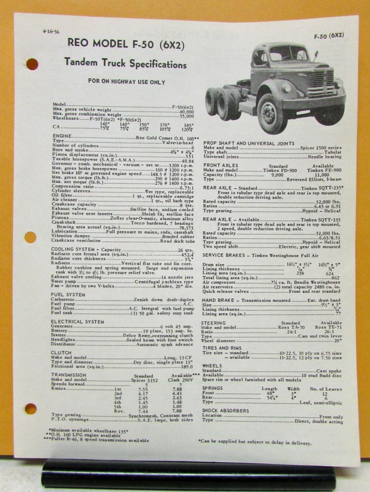1956 Reo Truck Model F 50 6x2 Specification Sheet