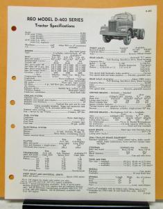 1960 REO Truck Model D 403 Specification Sheet