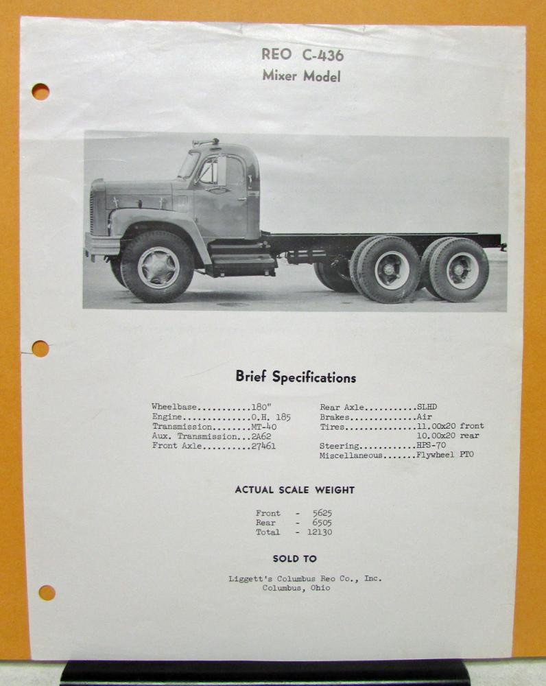 1961 REO Truck Model C 436 Brief Specifications Mixer