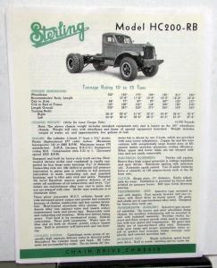 1938 Sterling Truck Model HC200 RB Specification Sheet Reprint