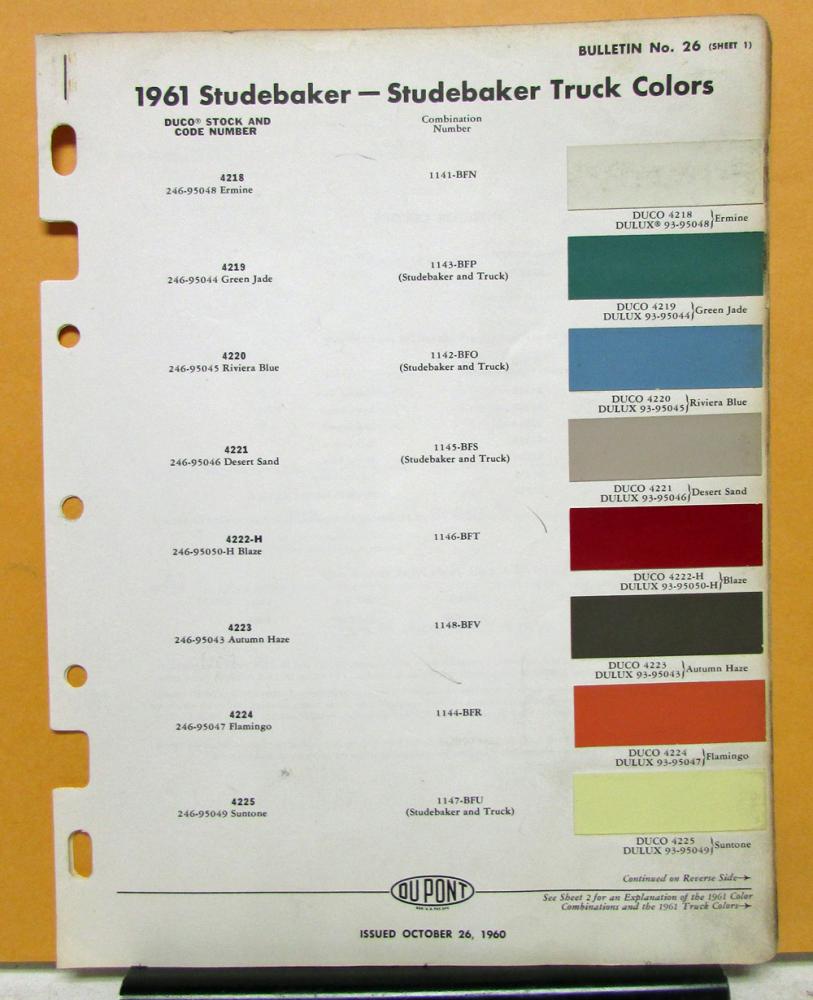 1961 Studebaker Truck Paint Chip Bulletin No 26