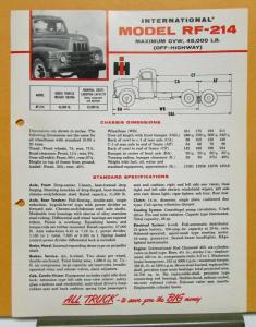 1955 International Harvester Truck Model RF 214 Specification Sheet