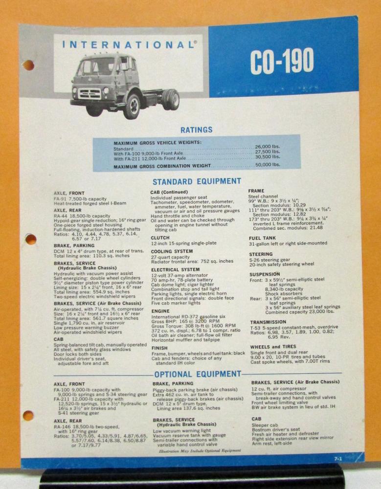 1965 International Harvester Truck Model CO 190 Specification Sheet