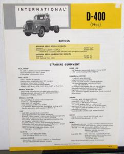 1966 International Harvester Truck Model D 400 Specification Sheet Folder