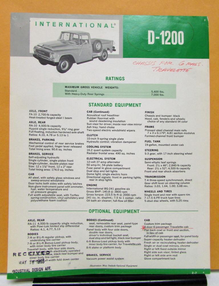 1965 1966 International Harvester Truck Model D 1200 Specification