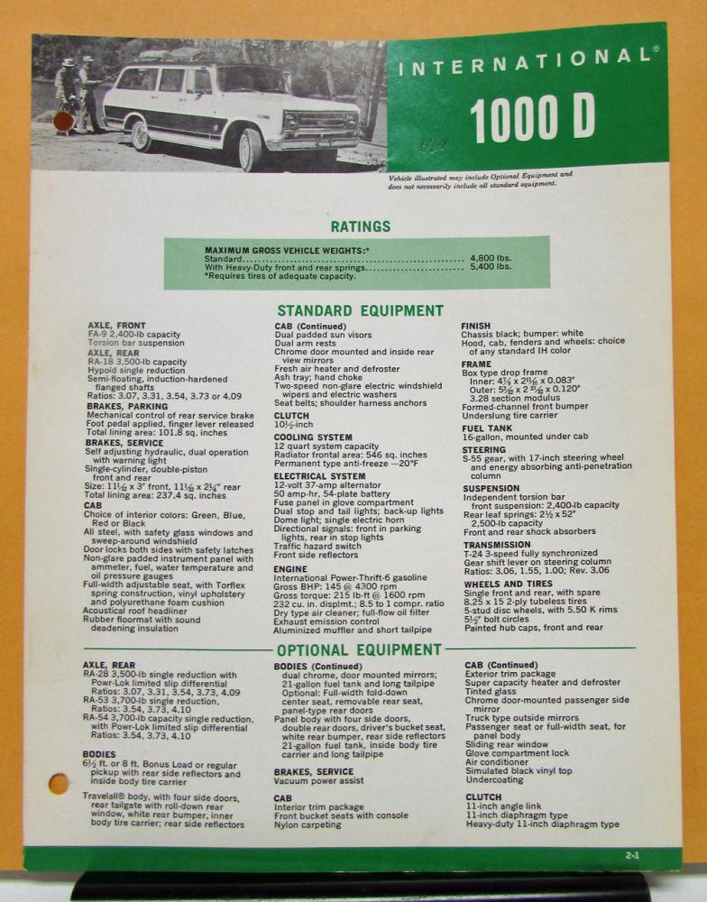 1968 International Harvester Truck  Model 1000 D Specification Sheet