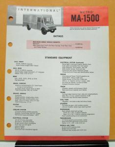 1969 1970 International Harvester Metro Truck Model MA 1500 Specification Sheet