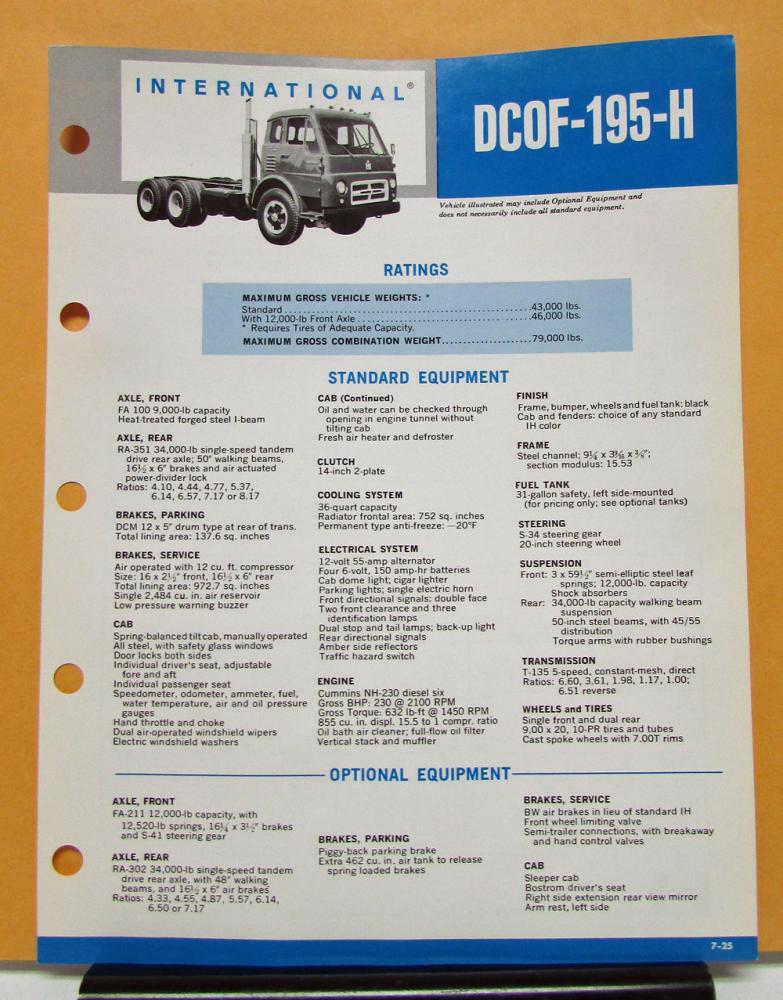 1969 1970 International Harvester Truck Model DCOF 195 H Specification Sheet
