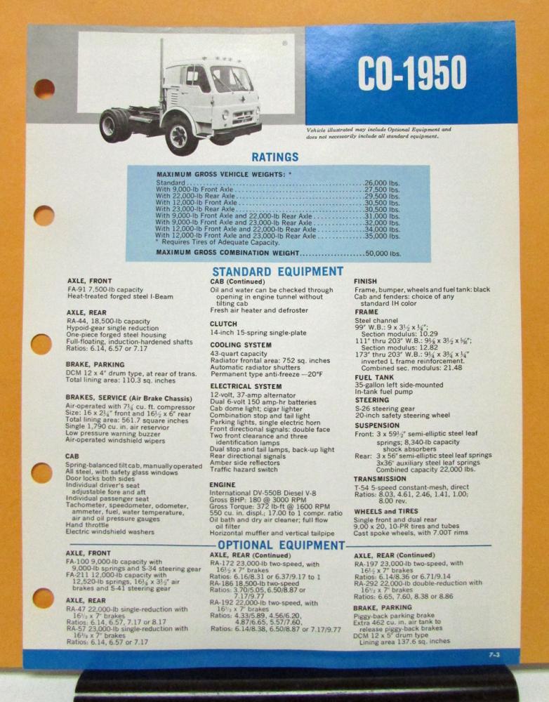 1969 1970 International Harvester Truck Model CO 1950 Specification Sheet