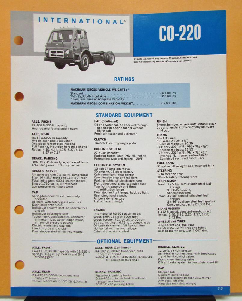 1969 1970 International Harvester Truck Model CO 220 Specification Sheet