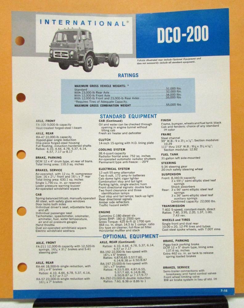 1969 1970 International Harvester Truck Model DCO 200 Specification Sheet