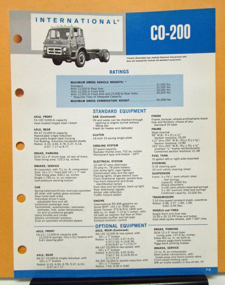 1969 1970 International Harvester Truck Model CO 200 Specification Sheet