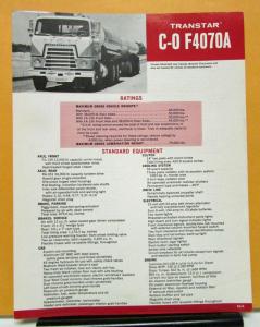1971 International Harvester Transtar Truck Model C O F4070A Specification Sheet